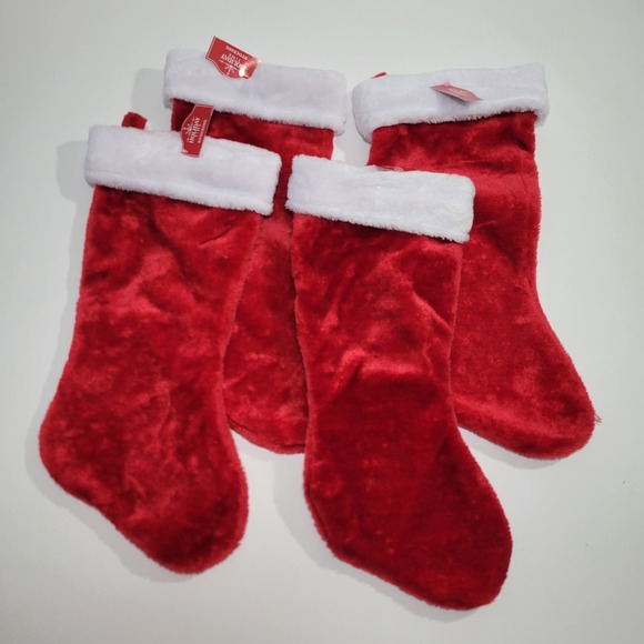 4 NEW 18" Holiday Time Red and White Plush Christmas Stockings - Picture 1 of 4